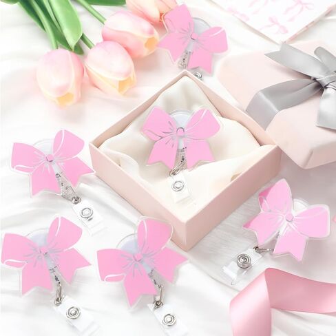 Coquette Pink Bow Retractable حامل شارة عيد الميلاد Acrylic Nurse Id Badge Bead with Clip Hospital Hospital Perfect Mift for Self Friends Doctor Coworker Mostame (1 PCS) in Kuwait