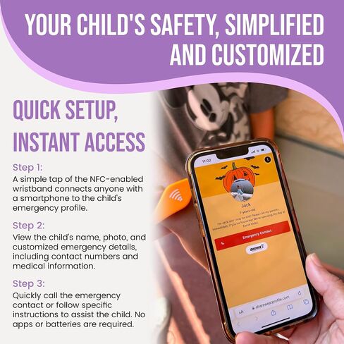 Kids ID Bracelet, Fitted NFC Safety Wristband, Waterproof Slip-On ID Band | Waterproof silicone; not GPS; wrist or ankle wear; ideal for theme parks, travel & beaches; slip-on fit in Kuwait