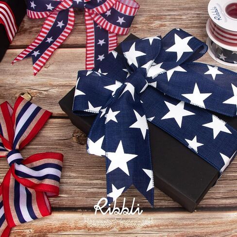 Ribbli Patriotic Wired Ribbon, Royal Blue with White Stars Ribbon, 2-1/2 Inch x 10 Yard 4th of July Ribbon for Wreaths,Crafts,Big Bows,Gift Wrapping,Outdoor Decoration in Kuwait