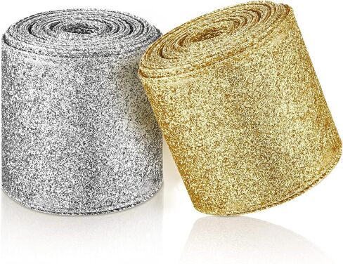 2 Rolls 20 Yards Christmas Ribbon Metallic Glitter Ribbon Wired Edge Decorative Fabric Ribbons for Party Wrapping Home Decorations Wedding Birthday DIY Crafts 2.5 Inch (Gold) in Kuwait