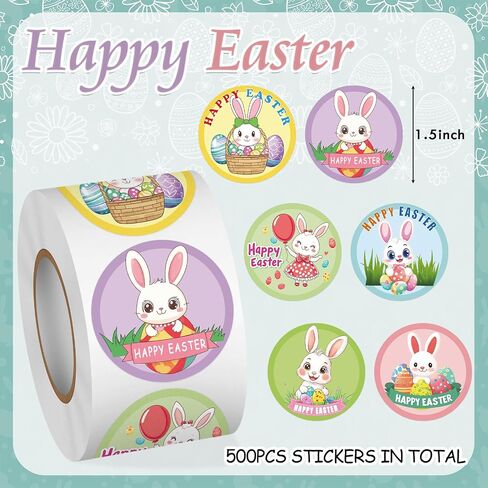 Louise Maelys 500 PCS ملصقات عيد الفصح للأطفال - 1.5 بوصة من البيض والأرنب اللطيف ، 6 أنماط مختلفة ، عصا قشر سهلة لمستلزمات حفلات عيد الفصح ، ديكورات العطلات ، الهدايا in Kuwait