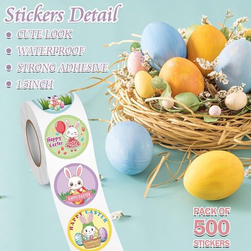 Louise Maelys 500 PCS ملصقات عيد الفصح للأطفال - 1.5 بوصة من البيض والأرنب اللطيف ، 6 أنماط مختلفة ، عصا قشر سهلة لمستلزمات حفلات عيد الفصح ، ديكورات العطلات ، الهدايا in Kuwait