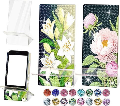 2 Pack Diamond Painting Phone Holder Kits, 5D Full Crystal Diamond Art Phone Holder& Mirror Craft Kits Gift for Beginner/Adult (Lily and Peony) in Kuwait