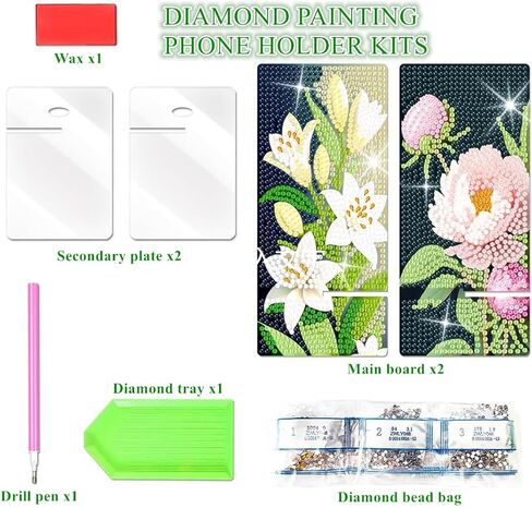 2 Pack Diamond Painting Phone Holder Kits, 5D Full Crystal Diamond Art Phone Holder& Mirror Craft Kits Gift for Beginner/Adult (Lily and Peony) in Kuwait
