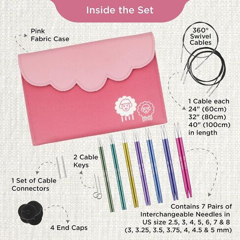 KnitPro Zing Starter Interchangeable Needles Set 5" (13cm) | 5 US Sizes (2.5-8) with 2 Swivel Cables, 4 end caps, 2 Cable Keys, and 1 Set of Cable connectors in Kuwait