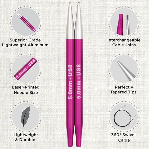 KnitPro Zing Starter Interchangeable Needles Set 5" (13cm) | 5 US Sizes (2.5-8) with 2 Swivel Cables, 4 end caps, 2 Cable Keys, and 1 Set of Cable connectors in Kuwait