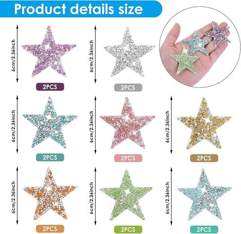 Prasacco 16 Pieces Colorful Rhinestone Star Patches, Bling Iron on Star Patches Rhinestone Glitter Star Patches Shiny Star Patches Appliques for DIY Clothing Jeans Hat Repair Decoration in Saudi Arabia