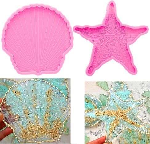 2Pcs Coaster Resin Molds, 4.5'' Seashell & 5.7'' Starfish Coaster Molds Silicone Molds for Resin Epoxy Resin Casting Molds Resin Crafts Mold DIY Agate Coaster, Cup Mats, Bowl Mat, Home Decoration in Saudi Arabia