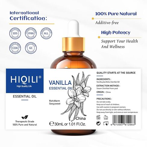 HIQILI 1 Fl Oz Vanilla Essential Oil, Undiluted Natural Strong Fragrance Add in Skin Perfume, Unscented Lotion, Candle Soap Making Scent, Relax at Home with Diffuse Warm Sweet Aroma in Saudi Arabia