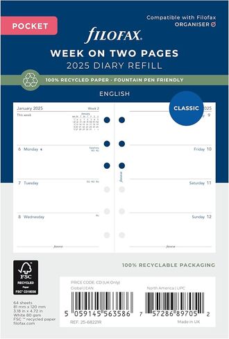 Filofax Calendar Diary Refill, Pocket Size, Week-to-View, White Paper, Unruled, English, 2025 (C68221-25) in Saudi Arabia