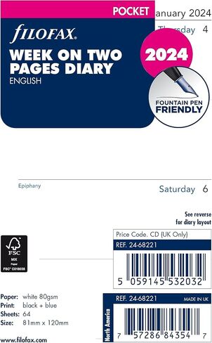 Filofax Calendar Diary Refill, Pocket Size, Week-to-View, White Paper, Unruled, English, 2025 (C68221-25) in Saudi Arabia