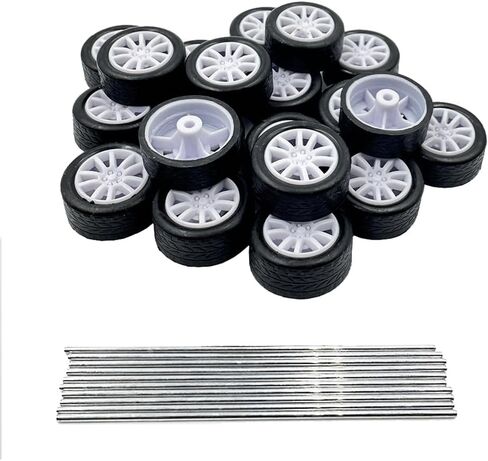 20PCS Small Toy Car Wheel 16mm Model Car Mini Rubber Tire Wheels with 10PCS Shaft Round Rod Axles for DIY Model Toy RC Car Truck Robot Building Accessories (White 2x16mm) in Saudi Arabia