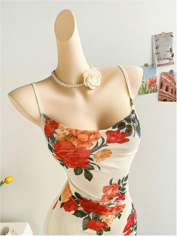 فستان MakeMeChic نسائي قصير بطبعات زهور وحزام سباغيتي واسع صيفي قصير in Kuwait