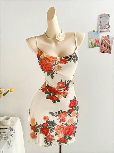 فستان MakeMeChic نسائي قصير بطبعات زهور وحزام سباغيتي واسع صيفي قصير in Kuwait