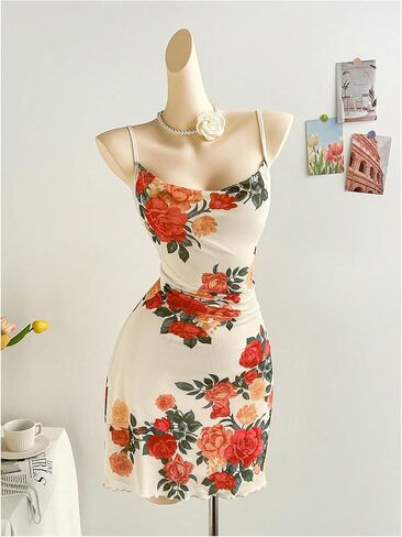 فستان MakeMeChic نسائي قصير بطبعات زهور وحزام سباغيتي واسع صيفي قصير in Kuwait