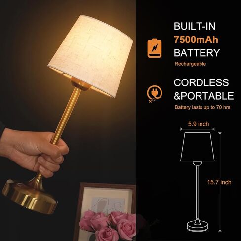 يايزا! مصباح الطاولة اللاسلكي مصباح مكتب ارتفاع قابل للتعديل ، ظلال النسيج 7500mAh قابلة لإعادة الشحن LED اللمسات اللمسة اللمسة الليلية تعتيم ، 3 درجات حرارة ملونة مع لمبة إديسون (الذهب العالي - 1 حزمة) in Saudi Arabia
