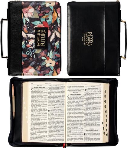 Christian Art Gifts Fashion Vegan Leather Bible Cover for Women: Hope and a Future Inspirational Bible Verse, Black Floral, Large in Kuwait