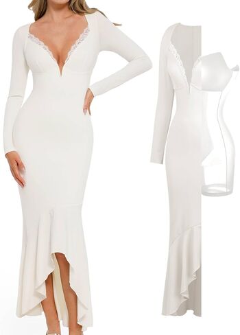 Popilush Shapewear Dress Long Sleeve Wedding Guest Dress Lace Trim Fall Mermaid Maxi Dress in Saudi Arabia