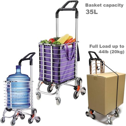 Portable Stair Climbing Shopping Cart for Groceries & Hand cart 2-in-1, Lightweight Small Utility Cart with Waterproof Liner, Elastic Cord for Luggage,Laundry,Camping,Transport,Silver,35L in Kuwait