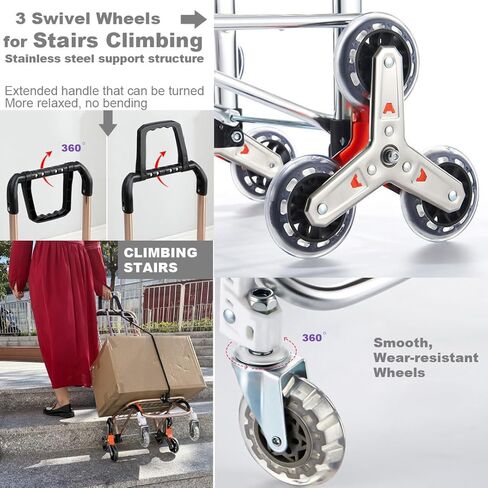 Portable Stair Climbing Shopping Cart for Groceries & Hand cart 2-in-1, Lightweight Small Utility Cart with Waterproof Liner, Elastic Cord for Luggage,Laundry,Camping,Transport,Silver,35L in Kuwait