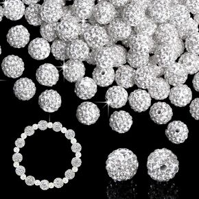 XIANNVXI 120 Pcs 10mm White Rhinestone Beads for Bracelet White Beads for Jewelry Making Sparkly Beads Disco Ball Beads White Bling Beads