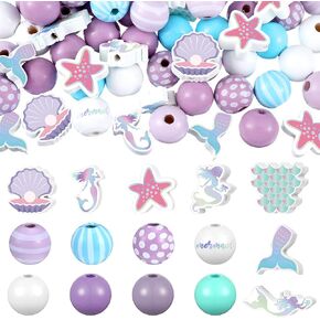 Buryeah 200 Pcs Mermaid Wooden Beads Ocean Mixed Purple and Pink Mermaid Tail Shaped Wood Beads for Summer Birthday Party DIY Crafts Garland Making