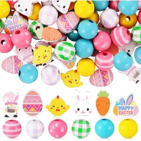 Chitidr 180 PCS Easter Wooden Beads with Clear Box Bunny Egg Beads Beads Cill Farmhouse Beads for Easter Diy Garland Crafts Party Decoration