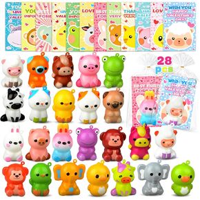 digi Valentines Day Gifts for Kids, 28 PCS Animal Squishy Toys Keychains with Valentines Day Cards, Valentines Day Classroom Exchange Party Favors for kids Over 3 years old