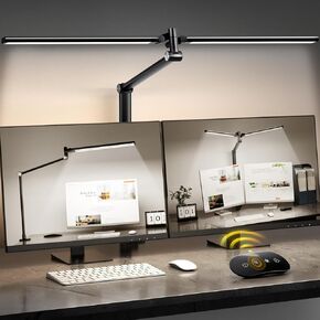 LED Desk Lamp for Home Office, Eye Caring Architect Desk Light with Remote, Dual Screen Computer Monitor Light with Stepless Dimming, Stepless Color Temp, Memory Function for Study, Workbench Black