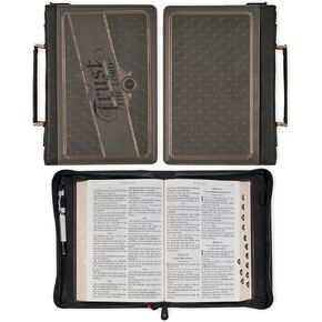 Christian Art Gifts Classic Premium Vegan Leather Inspirational Bible Cover for Men & Women: Trust in The Lord Encouraging Bible Verse, Heat-Debossed, Pen Loops, Pockets, Charcoal/Black/Gold, Large