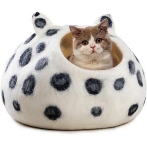 Woolygon Wool Cat Cave Bed - Extra Warm, Handcrafted, Eco-Friendly Felt Cat Cave for Indoor Cats and Kittens (White Polka)