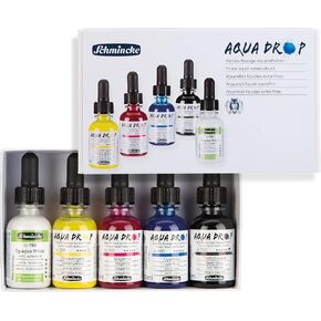 Schmincke - AQUA DROP, liquid watercolor, 5 x 30 ml transparent colors + LINER with brush tip, 78 105 097, Set for watercolor painting, calligraphy, handlettering, airbrushing