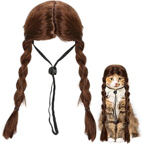 مضحك الكلب والقطط الضفائر الباروكة - تصميم غطاء الرأس البني للقطط والكلاب الصغيرة فقط ، وملحقات شعر الحيوانات الأليفة لطيف ، وأزياء الأزياء ، ولعب الملابس في عيد الهالوين ، عيد الميلاد ، ديكور الحفلات (ضفائر مزدوجة) in Kuwait