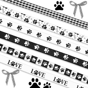 6 Rolls Dog Ribbon Paw Print Ribbon, 3/8" Black White Dog Paw Print Ribbons for Wrapping Gift 30 Yard Dog Animal Paw Print Dog Bone Craft Ribbons for Crafts Party Gift DIY Decoration