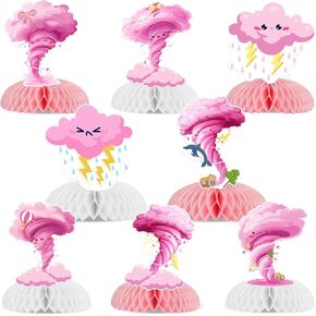 Sursurprise Tornado Themed Honeycomb Centerpieces, 8Pcs Weather Storm Birthday Party Table Toppers Decorations, Lighting Cloud Baby Shower Party Supplies Pink