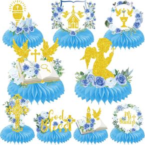 Mi Bautizo Centerpieces for Tables Boys - 9PCS Floral Baptism Tables Decorations Cross God Bless Honeycom Centerpieces Baby Shower Boys Gender Reveal Christian Theme Party Decor Supplies