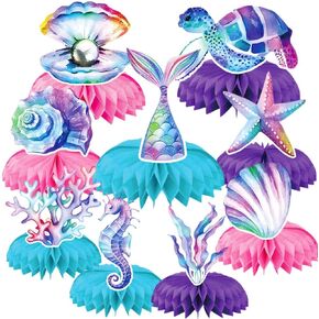 KOOY 9Pcs Mermaid Birthday Decorations Honeycomb Centerpieces, Under The Sea Party Decorations, Ocean Themed Party Decorations For Table, Mermaid Baby Shower Decorations Party Supplies