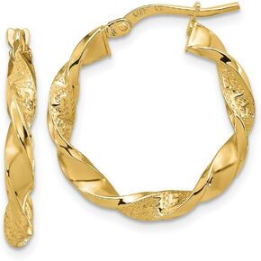 14k Yellow Gold White Polished and Textured Twisted 3mm Hoop Earrings