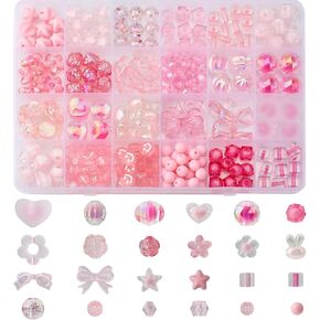 CHGCRAFT 279Pcs 24Style Pink Acrylic Beads Assorted Beads Transparent Mixed Shape Cute Adorable Heart Flower Letters Smile Beads Bulk Set for Jwelry Making Bracelets Necklace Crafts