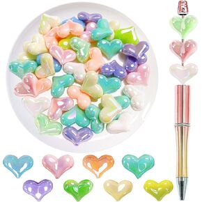50Pcs Beaded Pens Beads, Acrylic Heart Focus Beads, Suitable for Heart Charms for Jewelry Making, Beads for Pens, Bracelets DIY ﻿