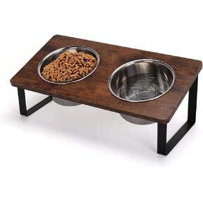 Yummy Sam Elevated Deep Stainless Steel Dog Food and Water Bowl Set, Raised Pet Bowls with 15° Tilted Wood Stand, Double Food Feeding Dishes for Medium Dogs and Large Cats