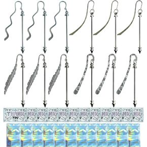 48 Pcs Beadable Bookmarks with 12 Pcs DIY Silver Beadable Bars in Different Designs 12 Pcs Packing Bags 12 Pcs Thank You Cards Jewelry Making Kit Gift for Penfriend Student Teacher Office Supplies