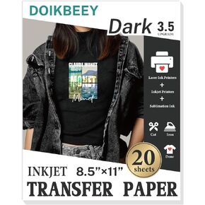 Doikeey ترقية الإصدار 3.5 ورقة نقل للقمصان T 20 ورقة ، 8.5 "× 11" نقل الحرارة القابلة للطباعة الفينيل ، لون زاهي وحديد متين على ورق النقل للنسيج المظلم