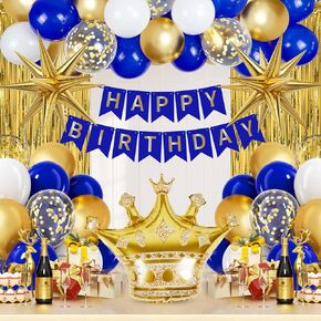 Royal Blue Gold Birthday Decorations for Men with Metallic Gold Royal Blue and White Balloons Happy Birthday Banner Fringe Curtains for 16th 18th 21st 24th 32th 40th 50th 60th Men Birthday Decorations