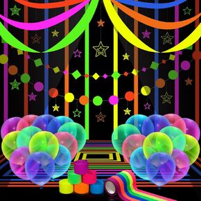 Blosssound 52 Pcs Neon Party Decorations UV Glow in The Dark Birthday Supplies Night Light Stars Banner Fluorescent Balloons Garland Crêpe Paper Tape for Night Birthday Rock Band Bar Party Decor