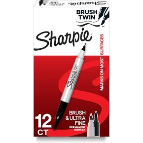 Sharpie Brush Twin Permanent Markers, Brush Tip Marker and Ultra Fine Tip Marker, Assorted, 12 Count