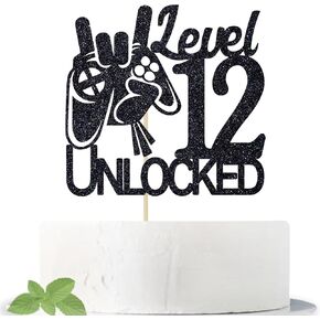 Video Game Level 12 Unlocked Birthday Cake Topper Black Glitter Boys 12th Birthday Cake Decorations Level Up Winner Party Decoration Supplies