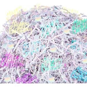 Fullhawl 2lb Happy Birthday Crinkle Cut Paper Shred Filler with Happy Birthday and Cake Confetti for Gift Wrap Packaging Raffia Tissue Strand Gift Wrapping Basket Filling(White)