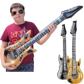Rock Inflatable Guitar (42 Inches) Vinyl. Perfect Party Favor, DJ Dance 80s Rocker (Gold and Silver (2 Pack)), Multi, 42 Inch