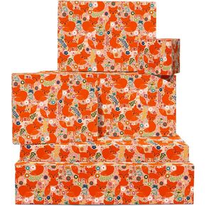 CENTRAL 23 Fall Wrapping Paper - Orange Wrapping Paper For Birthday Halloween Thanksgiving Christmas - 6 Sheets Of Gift Wrap - Cute Foxes Wrap For Men Women Men Kids - Comes With Stickers